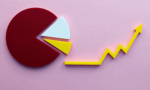 Infographic featuring a pie chart with large red and small white and yellow segments, and a yellow line chart showing an upward trend, set against a pink background.
